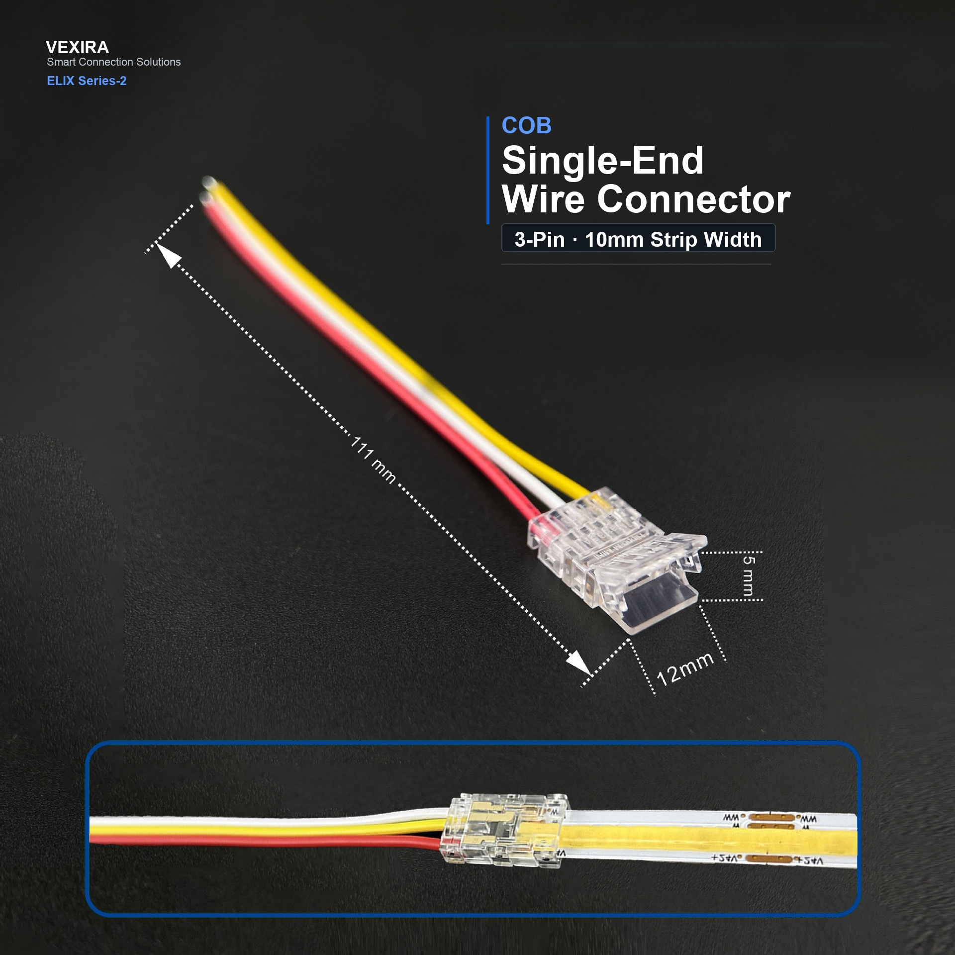 S-COB-3PIN-10MM-B Press-Fit LED Strip Connector